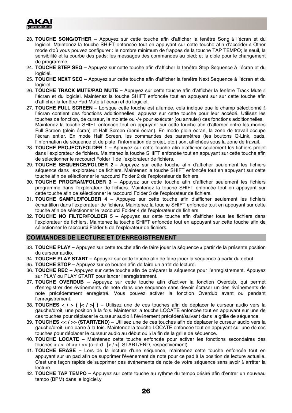 Commandes de lecture et d’enregistrement | Akai MPC-Renaissance User Manual | Page 26 / 50