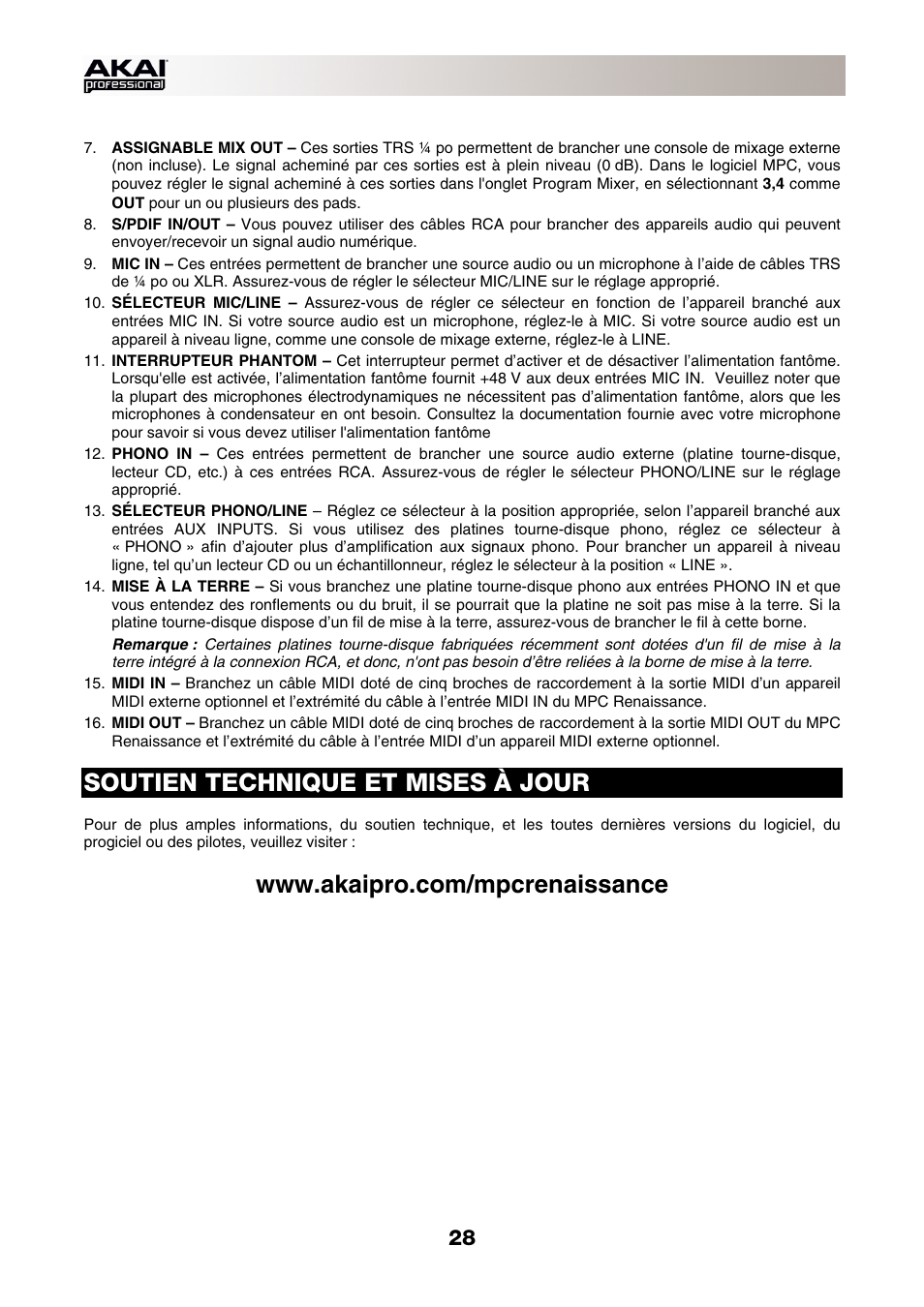 Soutien technique et mises à jour | Akai MPC-Renaissance User Manual | Page 28 / 50