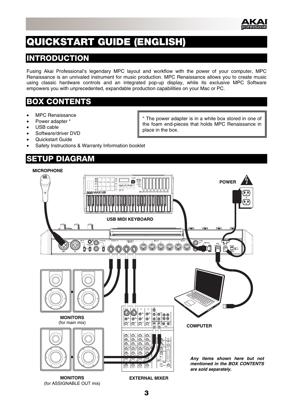 English, Introduction, Box contents | Setup diagram, Quickstart guide (english) | Akai MPC-Renaissance User Manual | Page 3 / 50
