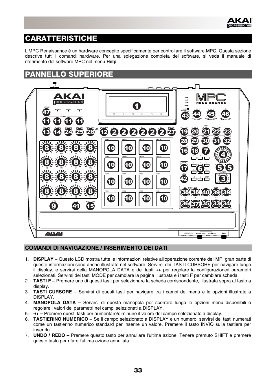 Caratteristiche, Pannello superiore, Comandi di navigazione / inserimento dei dati | Akai MPC-Renaissance User Manual | Page 33 / 50