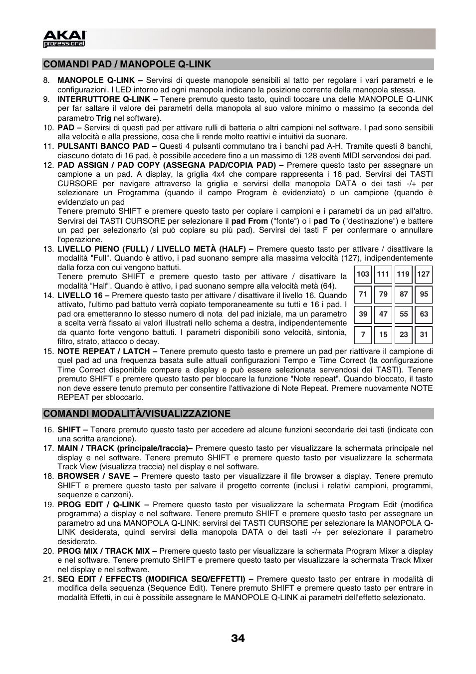 Comandi pad / manopole q-link, Comandi modalità/visualizzazione | Akai MPC-Renaissance User Manual | Page 34 / 50
