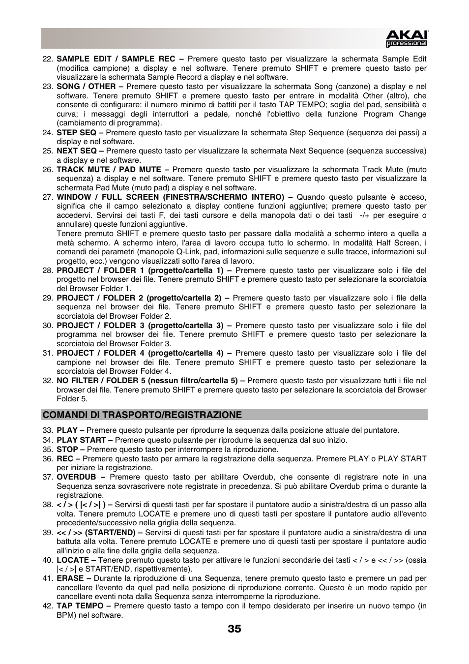 Comandi di trasporto/registrazione | Akai MPC-Renaissance User Manual | Page 35 / 50