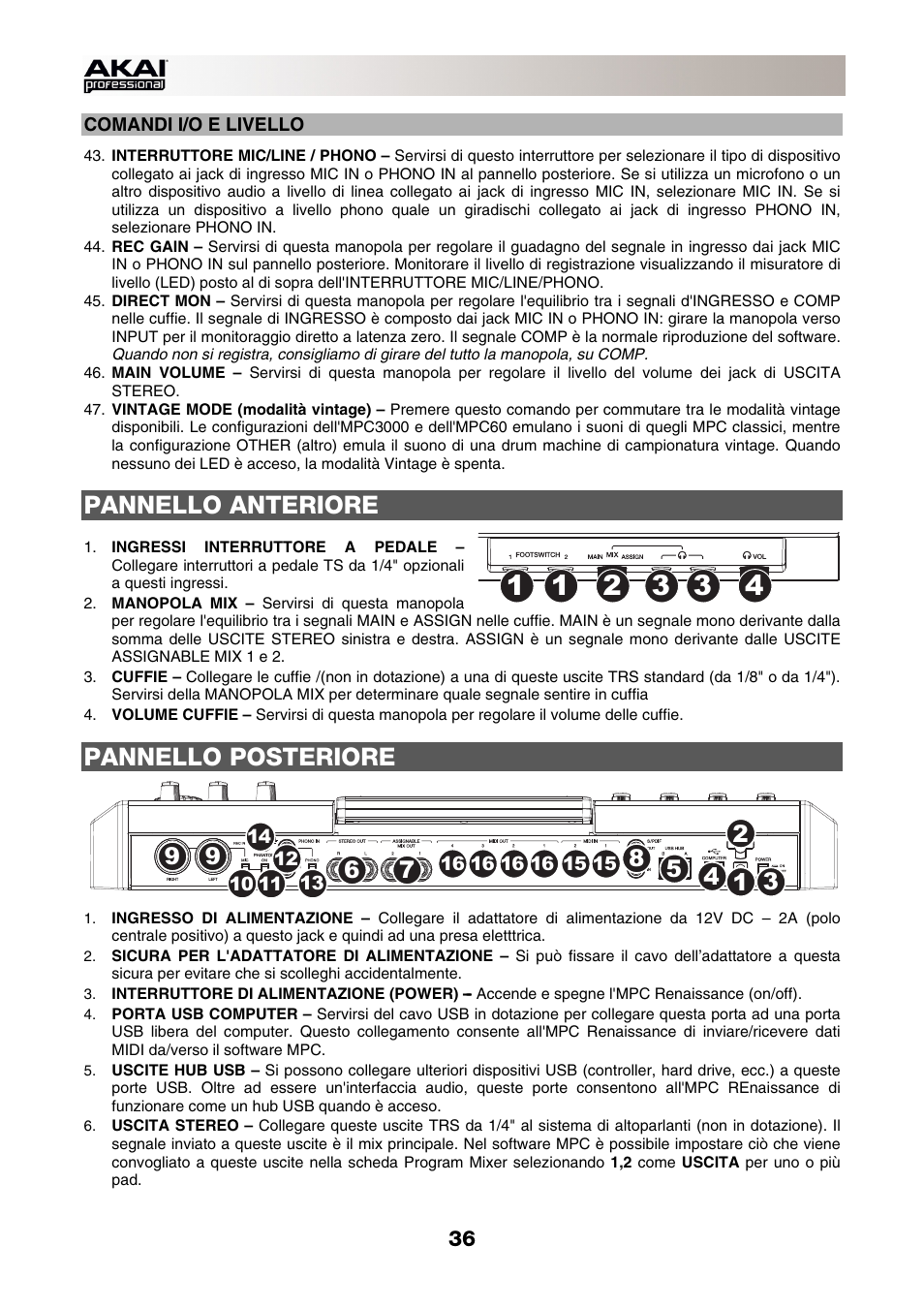 Comandi i/o e livello, Pannello anteriore, Pannello posteriore | Akai MPC-Renaissance User Manual | Page 36 / 50