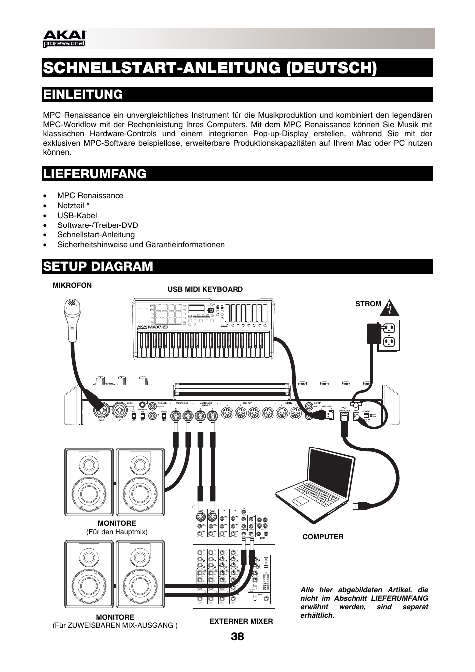 Deutsch, Einleitung, Lieferumfang | Setup diagram, Schnellstart-anleitung (deutsch) | Akai MPC-Renaissance User Manual | Page 38 / 50