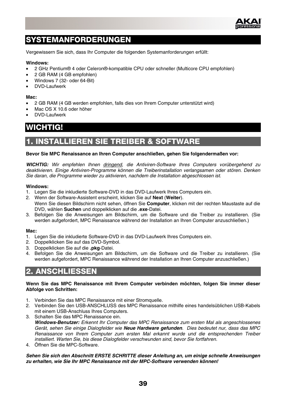 Systemanforderungen, Wichtig, Installieren sie treiber & software | Anschliessen | Akai MPC-Renaissance User Manual | Page 39 / 50