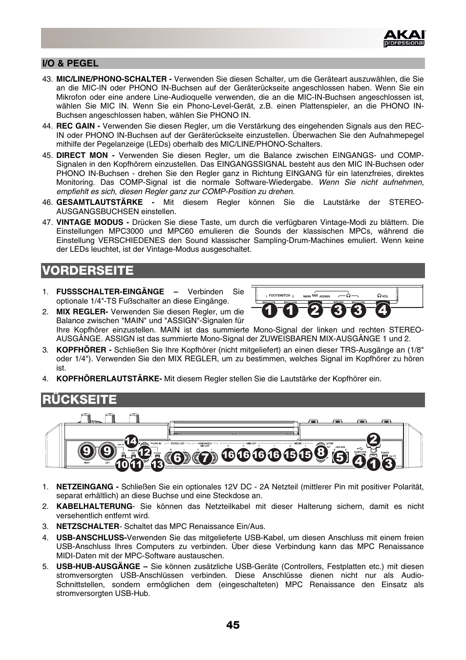 I/o & pegel, Vorderseite, Rückseite | Akai MPC-Renaissance User Manual | Page 45 / 50