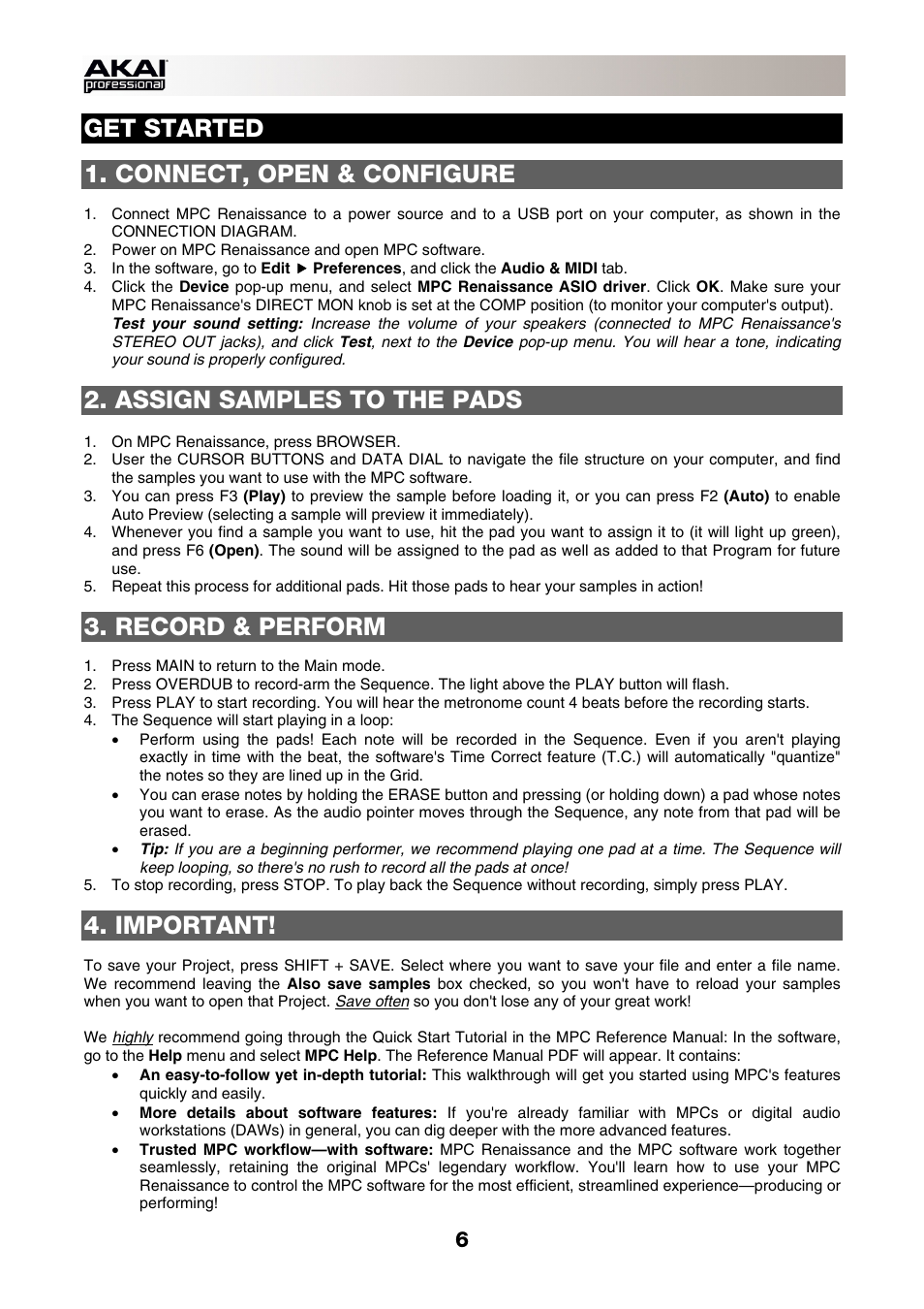 Get started, Connect, open & configure, Assign samples to the pads | Record & perform, Important | Akai MPC-Renaissance User Manual | Page 6 / 50