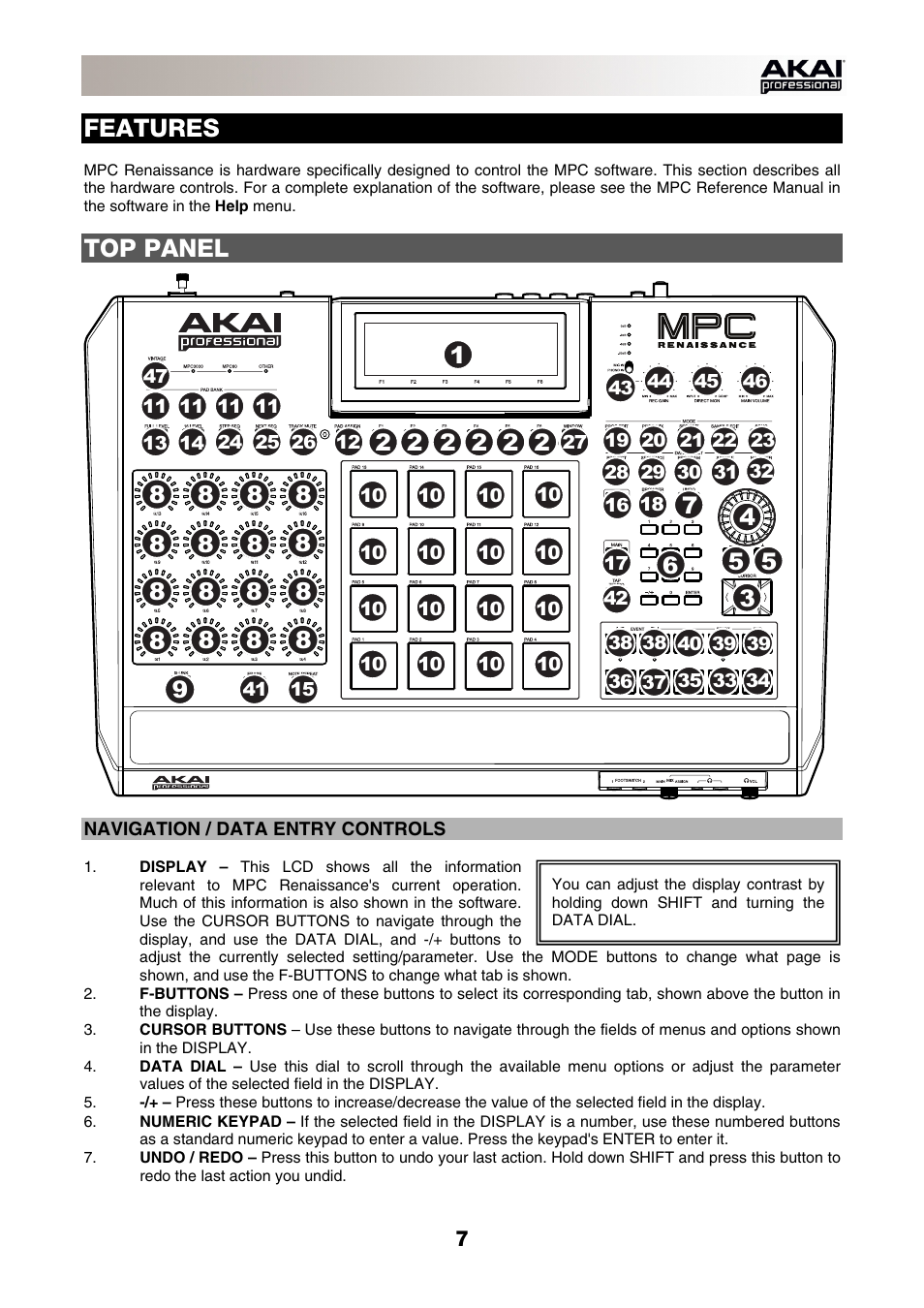 Features, Top panel, Navigation / data entry controls | Akai MPC-Renaissance User Manual | Page 7 / 50