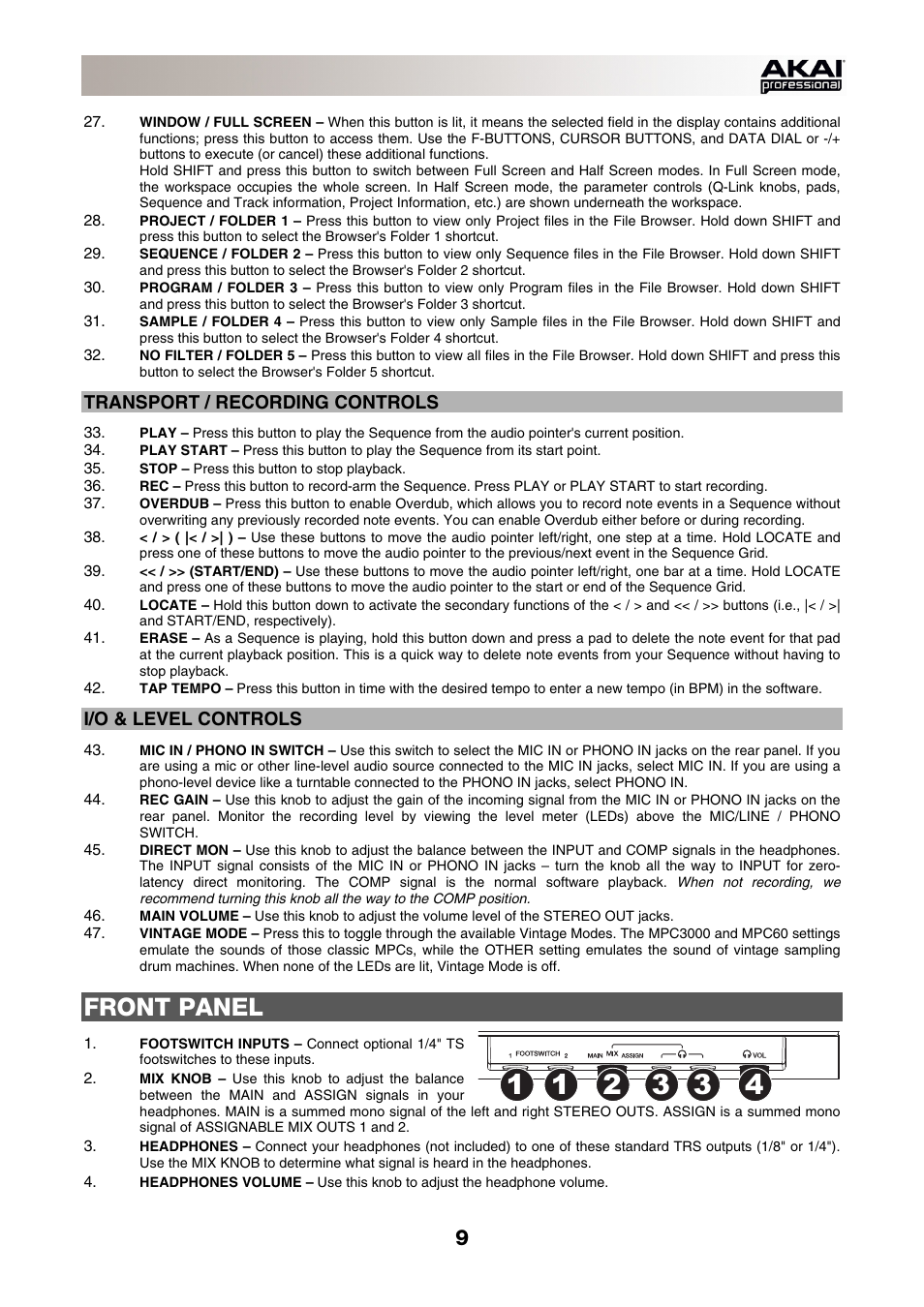 Transport / recording controls, I/o & level controls, Front panel | Akai MPC-Renaissance User Manual | Page 9 / 50