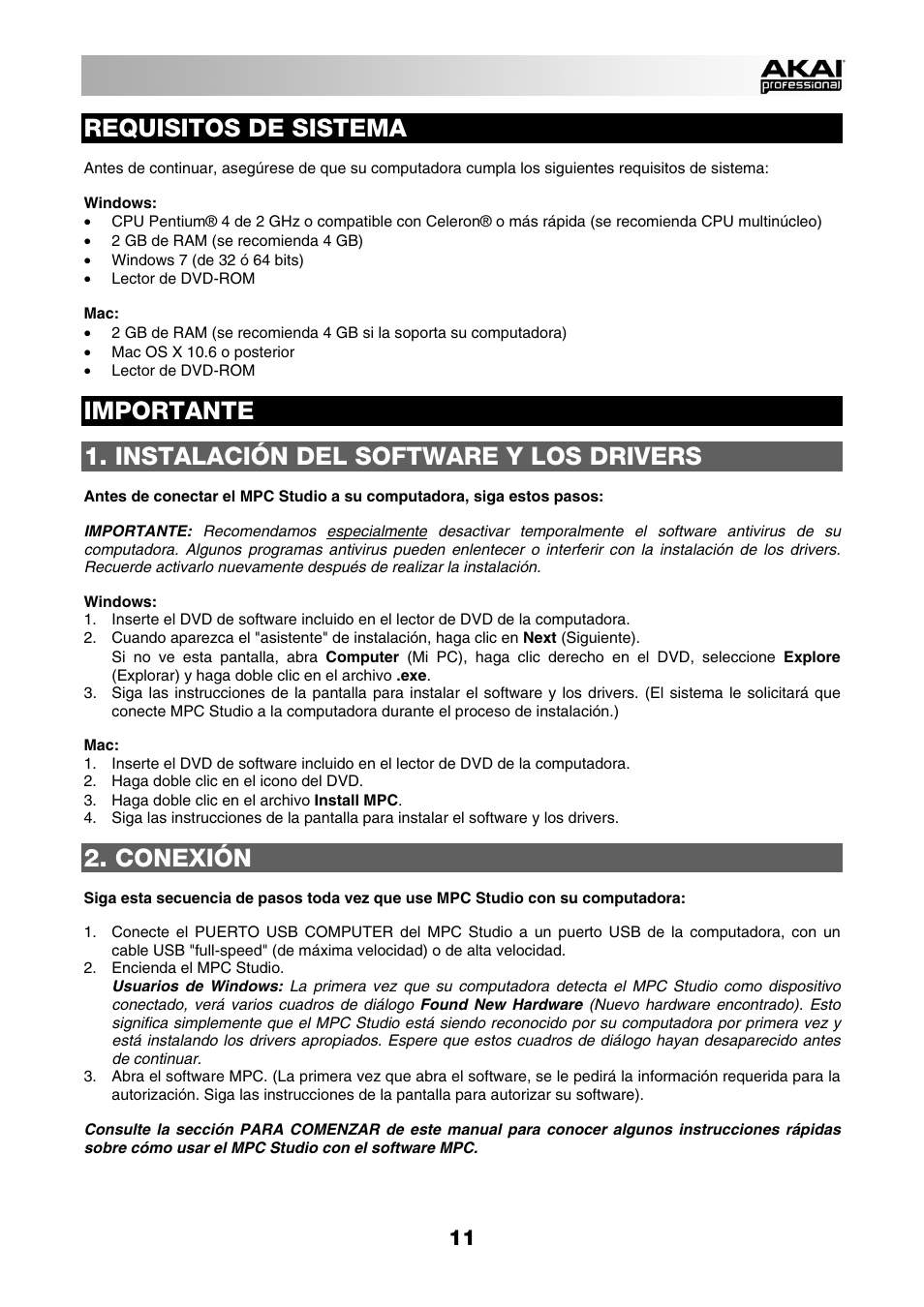 Requisitos de sistema, Importante, Instalación del software y los drivers | Conexión | Akai MPC Studio User Manual | Page 11 / 40