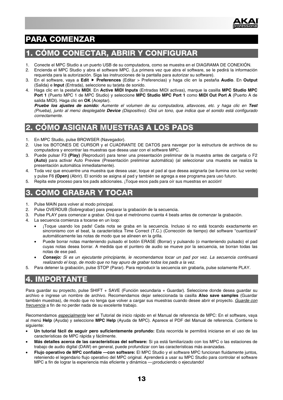 Para comenzar, Cómo conectar, abrir y configurar, Cómo asignar muestras a los pads | Como grabar y tocar, Importante | Akai MPC Studio User Manual | Page 13 / 40