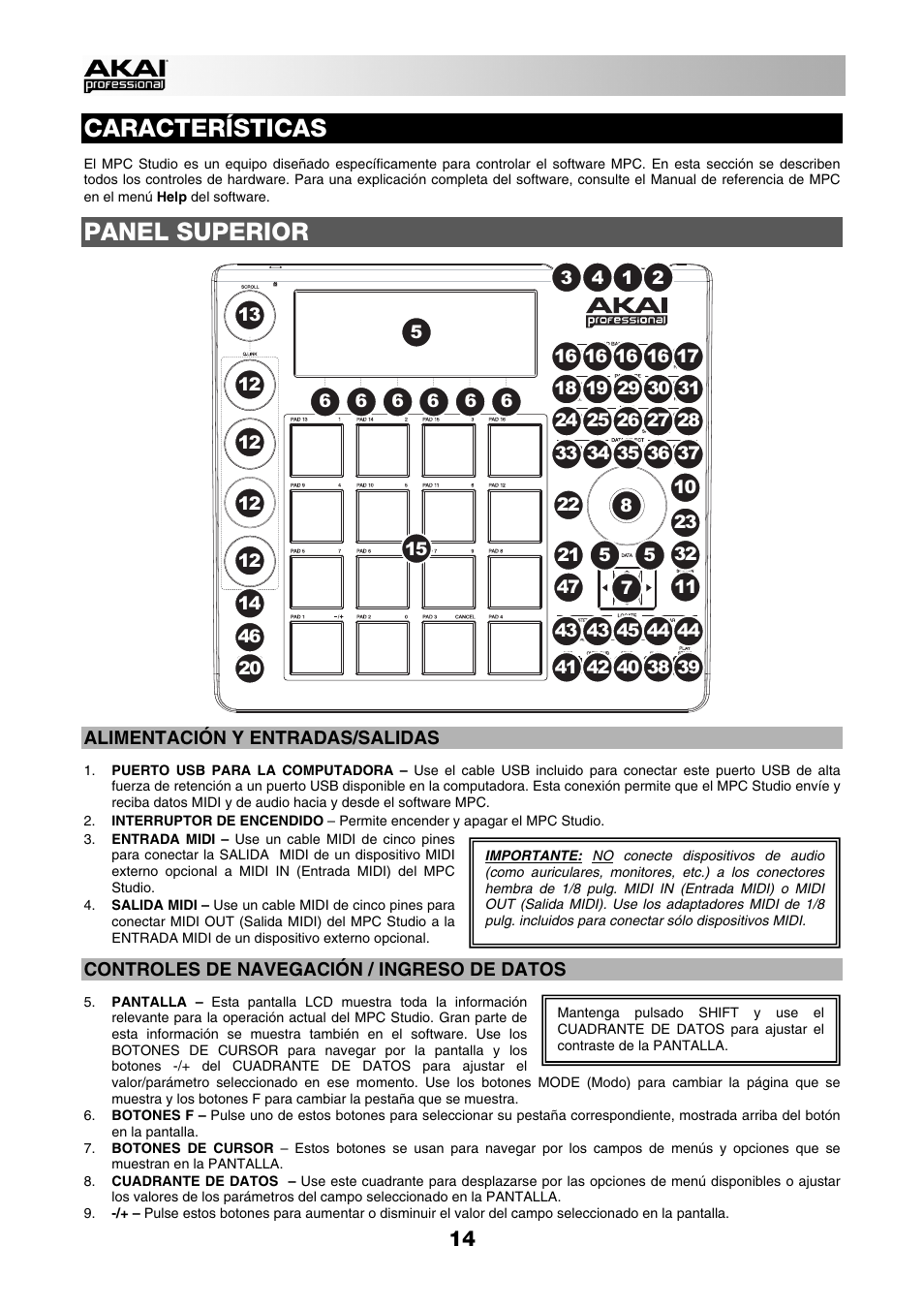 Características, Panel superior | Akai MPC Studio User Manual | Page 14 / 40