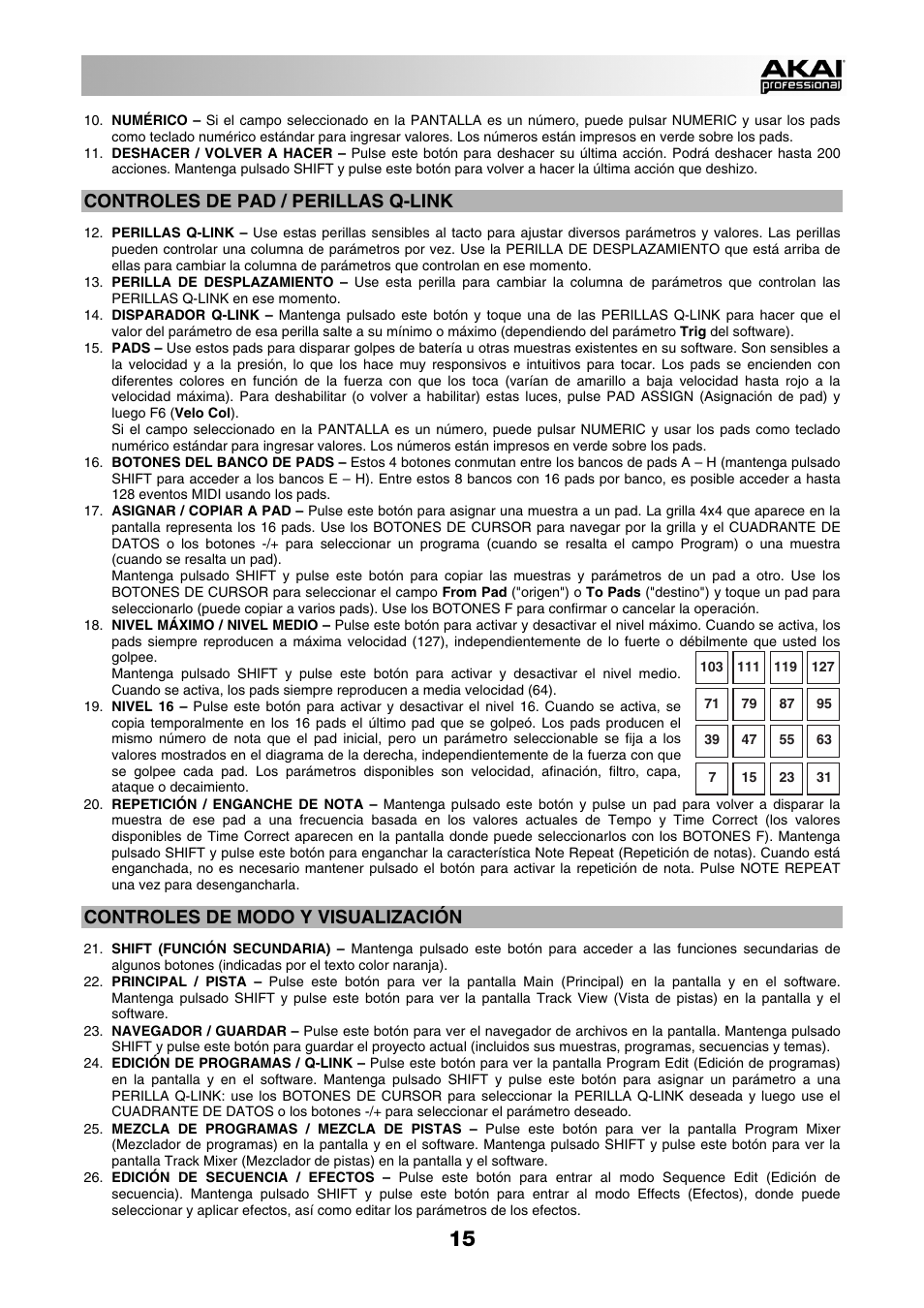 Controles de pad / perillas q-link, Controles de modo y visualización | Akai MPC Studio User Manual | Page 15 / 40