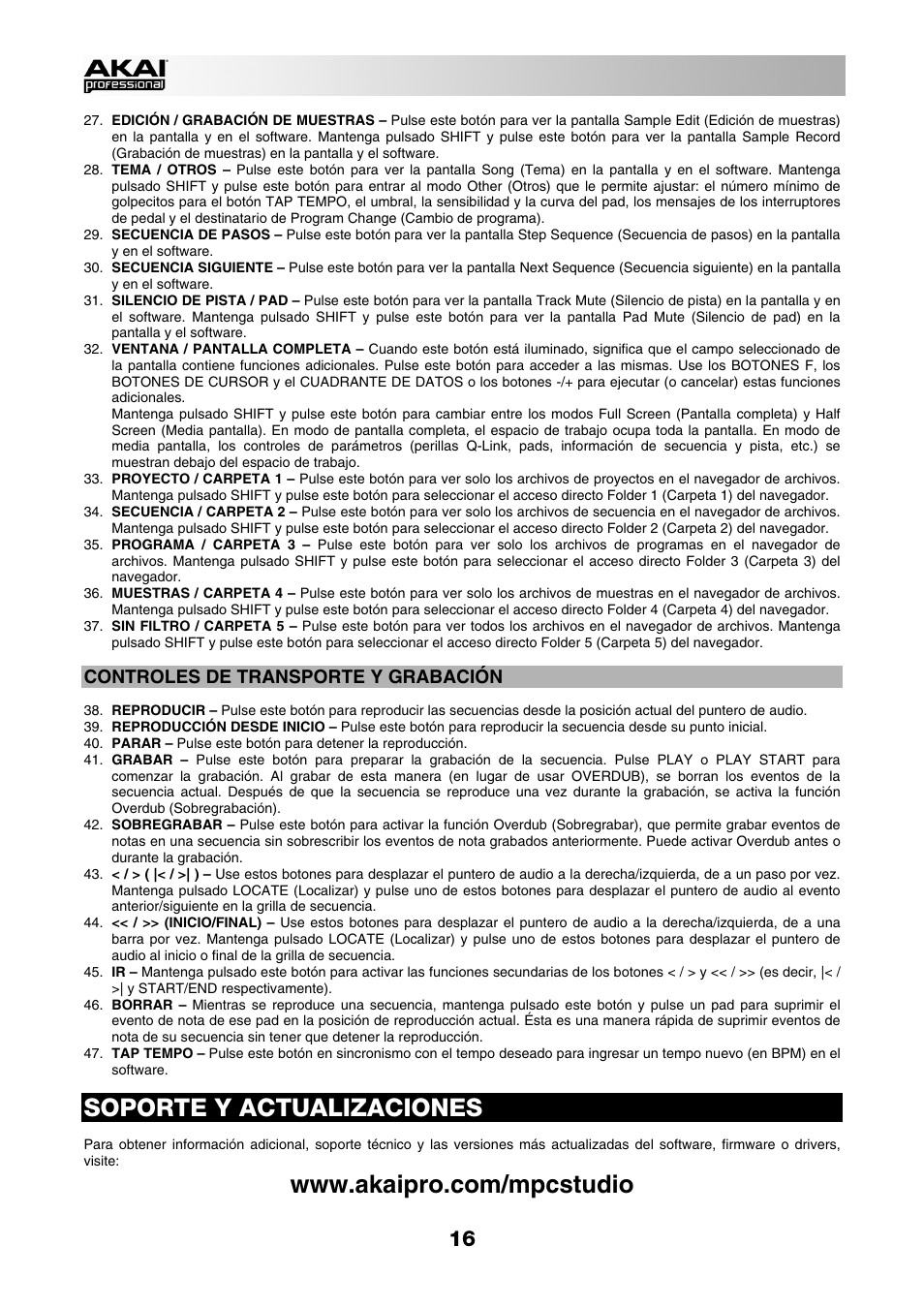 Soporte y actualizaciones, Controles de transporte y grabación | Akai MPC Studio User Manual | Page 16 / 40