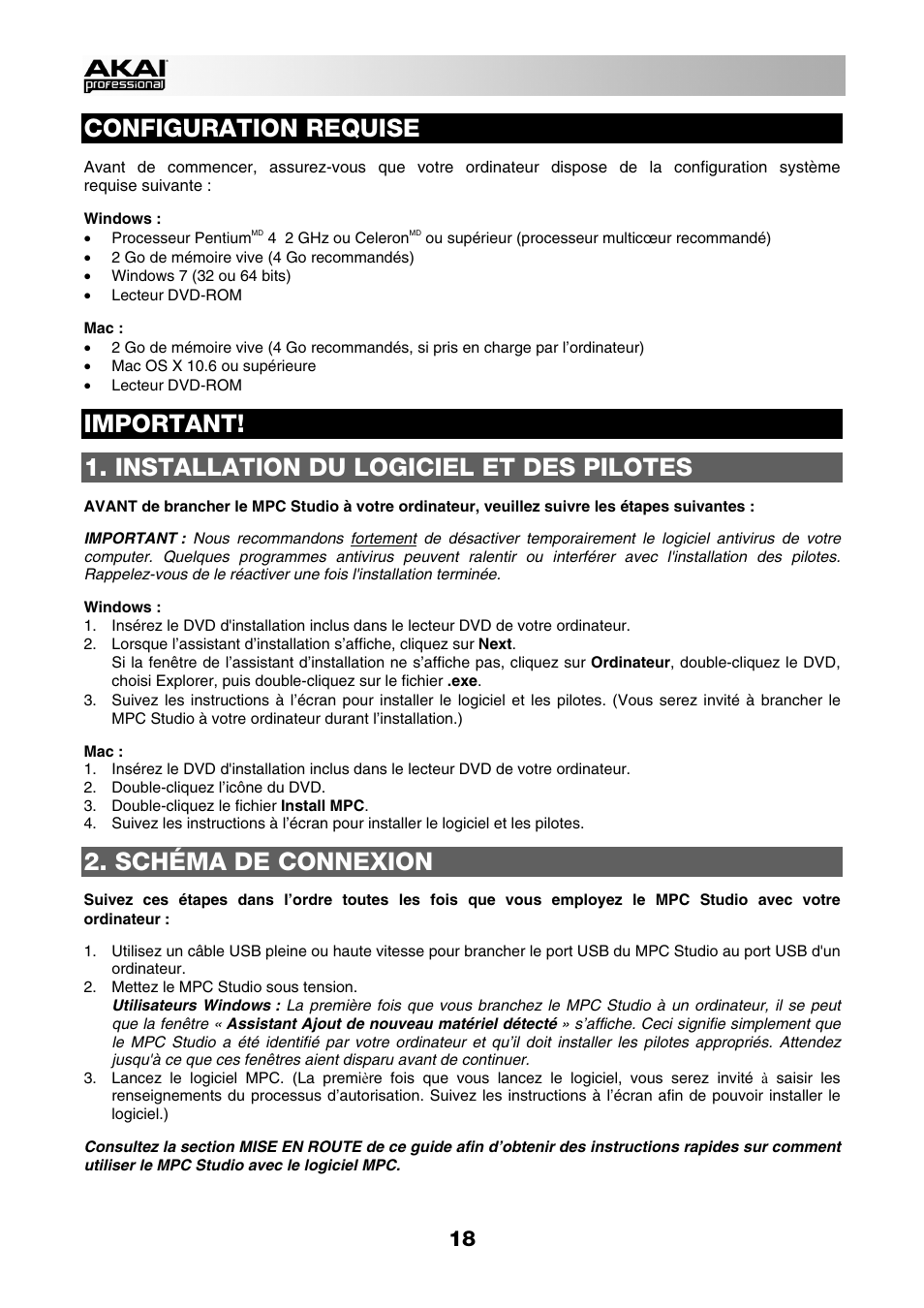 Configuration requise, Important, Installation du logiciel et des pilotes | Schéma de connexion | Akai MPC Studio User Manual | Page 18 / 40