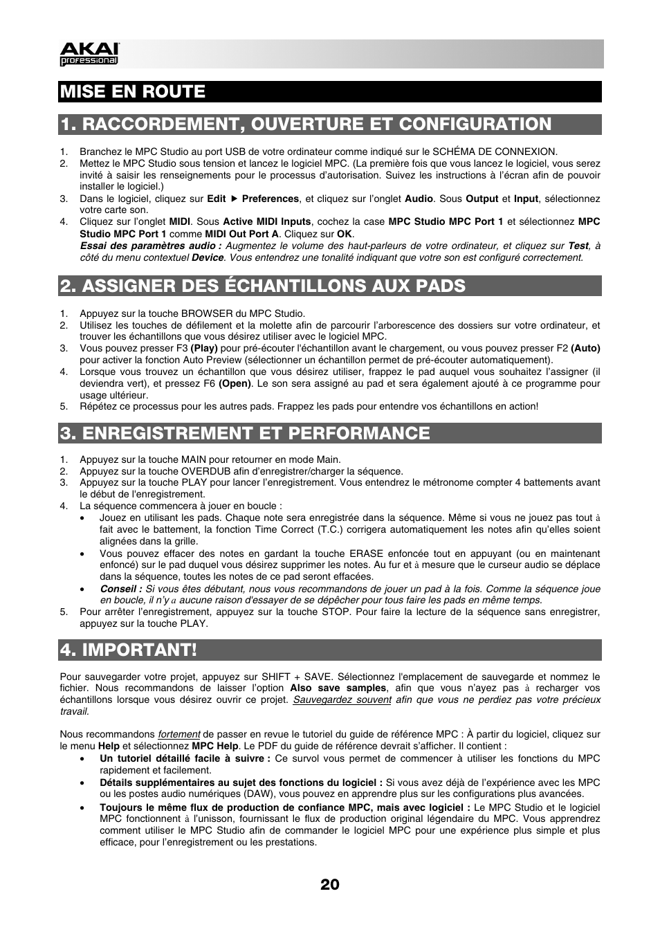 Mise en route, Raccordement, ouverture et configuration, Assigner des échantillons aux pads | Enregistrement et performance, Important | Akai MPC Studio User Manual | Page 20 / 40