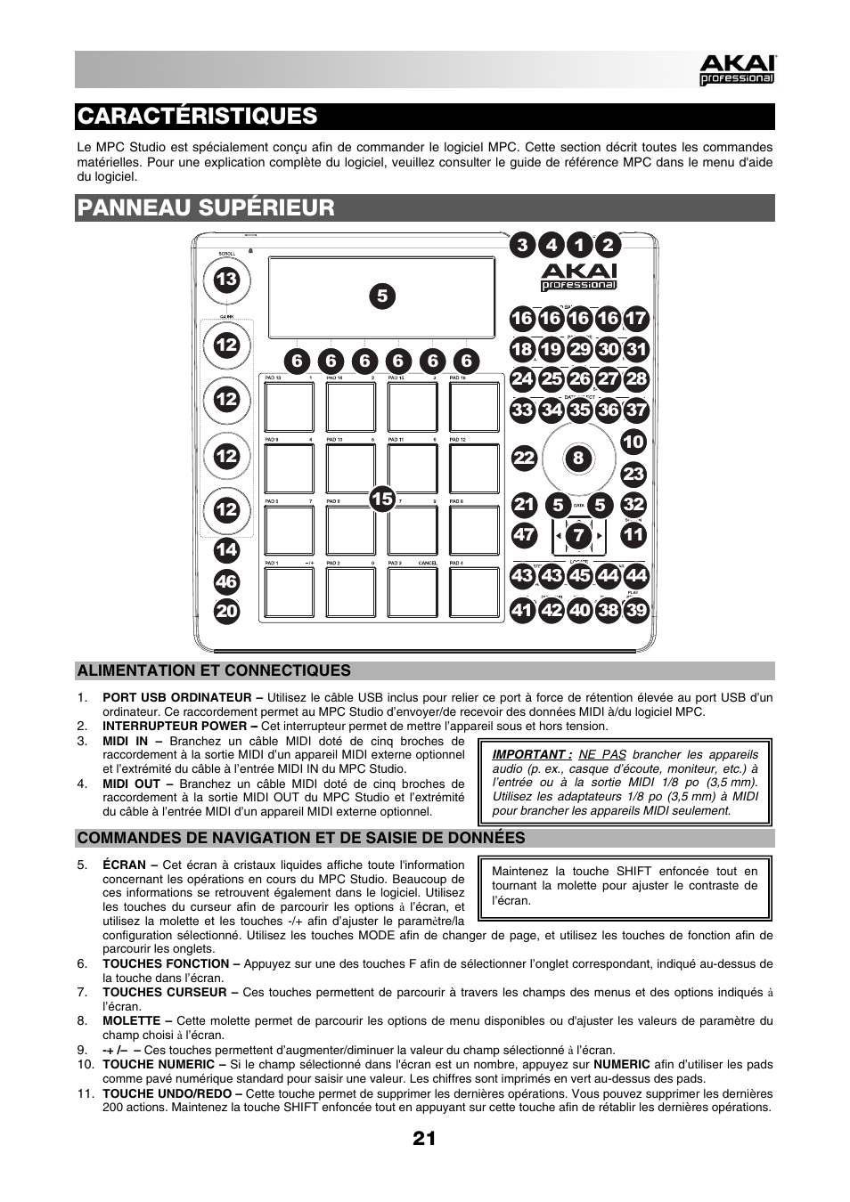 Caractéristiques, Panneau supérieur | Akai MPC Studio User Manual | Page 21 / 40