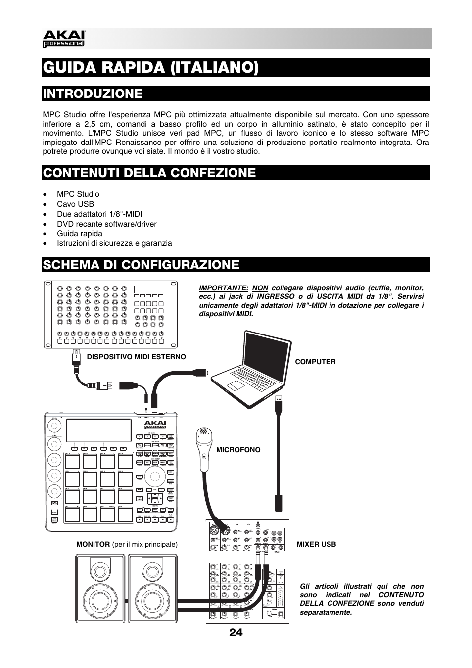 Italiano, Introduzione, Contenuti della confezione | Schema di configurazione, Guida rapida (italiano) | Akai MPC Studio User Manual | Page 24 / 40