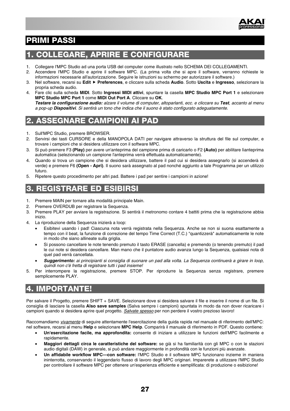 Primi passi, Collegare, aprire e configurare, Assegnare campioni ai pad | Registrare ed esibirsi, Importante | Akai MPC Studio User Manual | Page 27 / 40