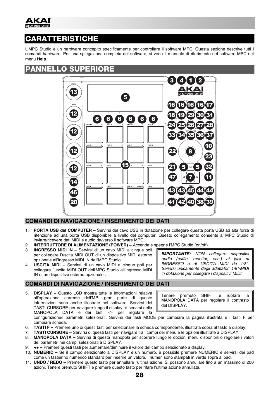 Caratteristiche, Pannello superiore | Akai MPC Studio User Manual | Page 28 / 40