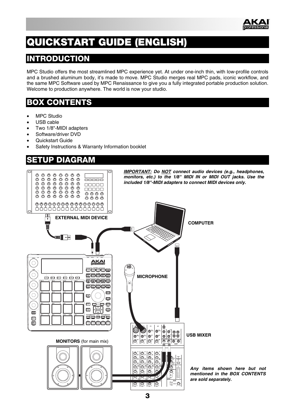 English, Introduction, Box contents | Setup diagram, Quickstart guide (english) | Akai MPC Studio User Manual | Page 3 / 40