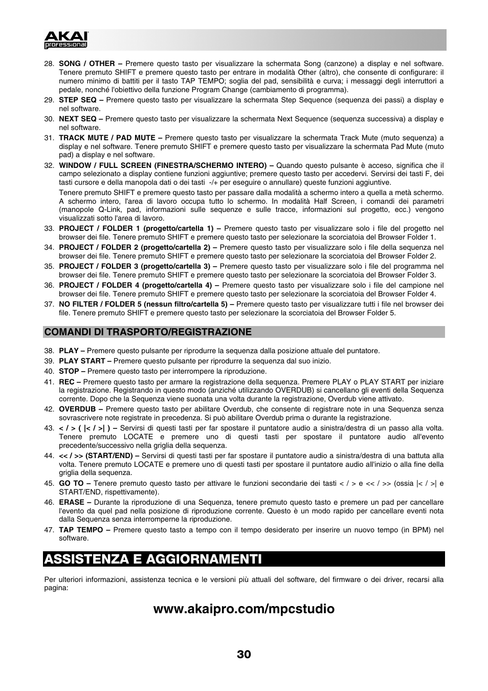 Assistenza e aggiornamenti, Comandi di trasporto/registrazione | Akai MPC Studio User Manual | Page 30 / 40