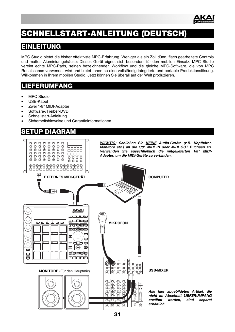 Deutsch, Einleitung, Lieferumfang | Setup diagram, Schnellstart-anleitung (deutsch) | Akai MPC Studio User Manual | Page 31 / 40