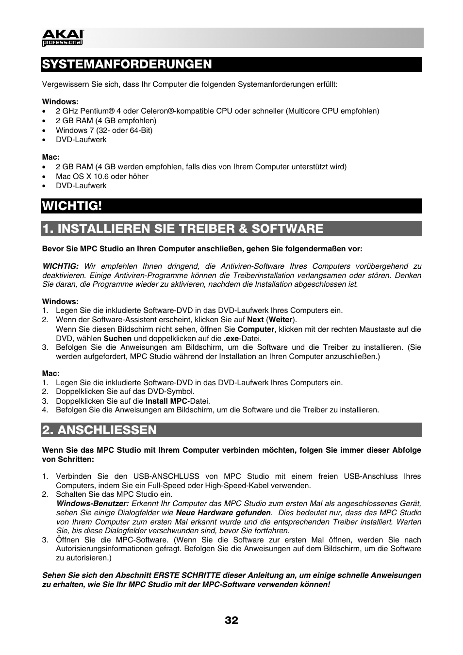 Systemanforderungen, Wichtig, Installieren sie treiber & software | Anschliessen | Akai MPC Studio User Manual | Page 32 / 40