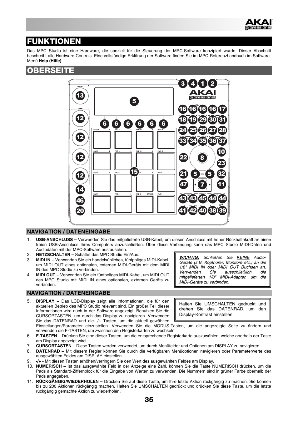 Funktionen, Oberseite | Akai MPC Studio User Manual | Page 35 / 40