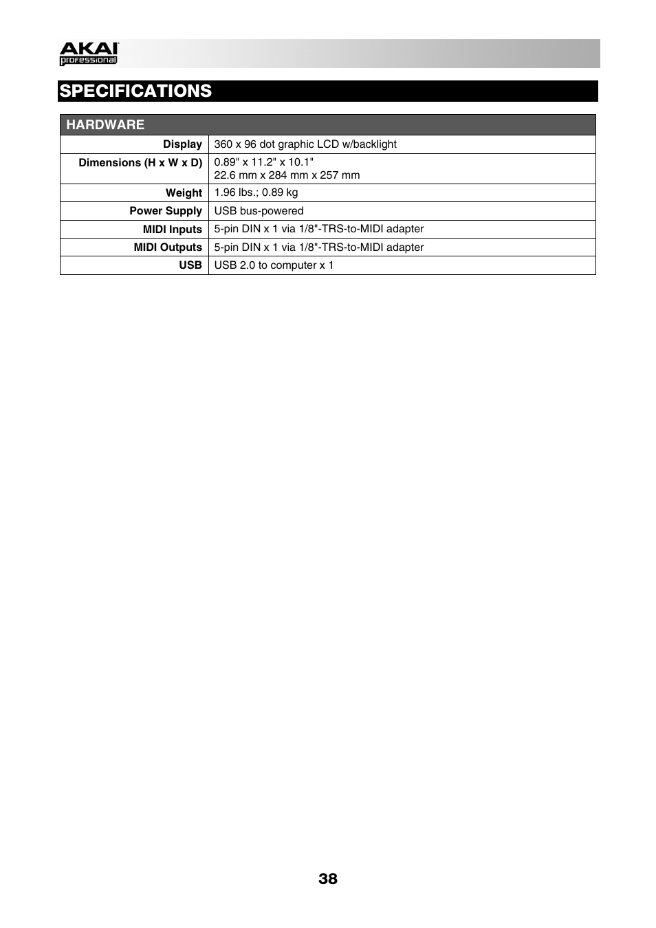 Specifications | Akai MPC Studio User Manual | Page 38 / 40
