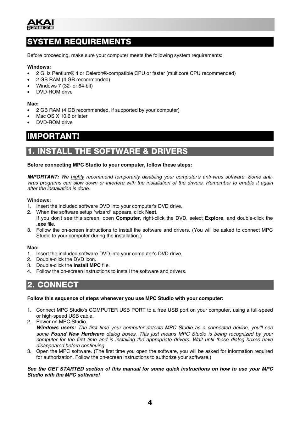System requirements, Important, Install the software & drivers | Connect | Akai MPC Studio User Manual | Page 4 / 40