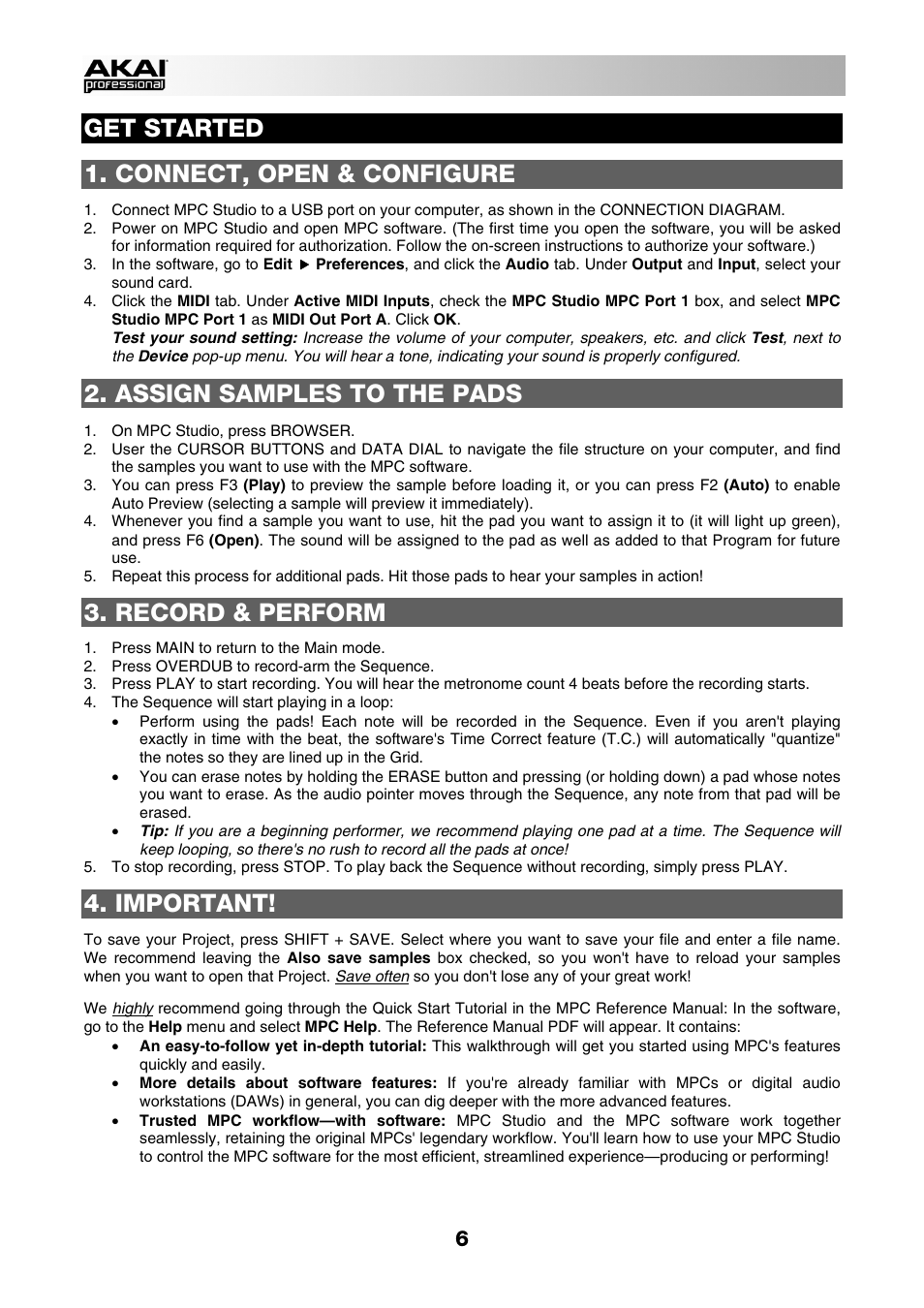 Get started, Connect, open & configure, Assign samples to the pads | Record & perform, Important | Akai MPC Studio User Manual | Page 6 / 40