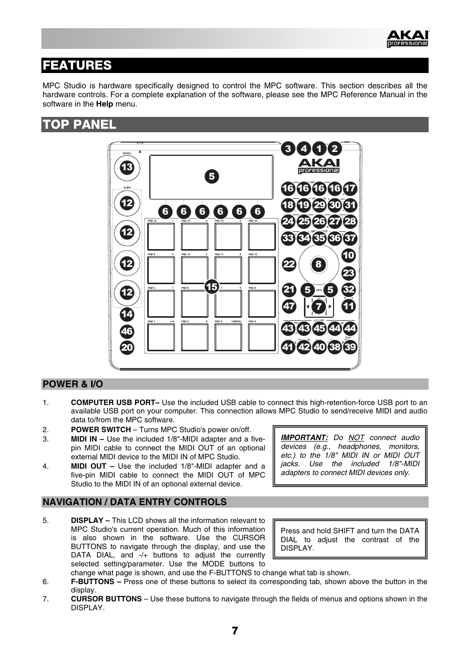 Features, Top panel | Akai MPC Studio User Manual | Page 7 / 40