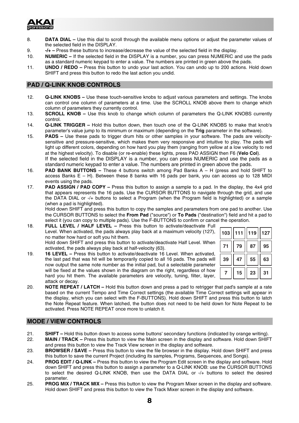 Pad / q-link knob controls, Mode / view controls | Akai MPC Studio User Manual | Page 8 / 40
