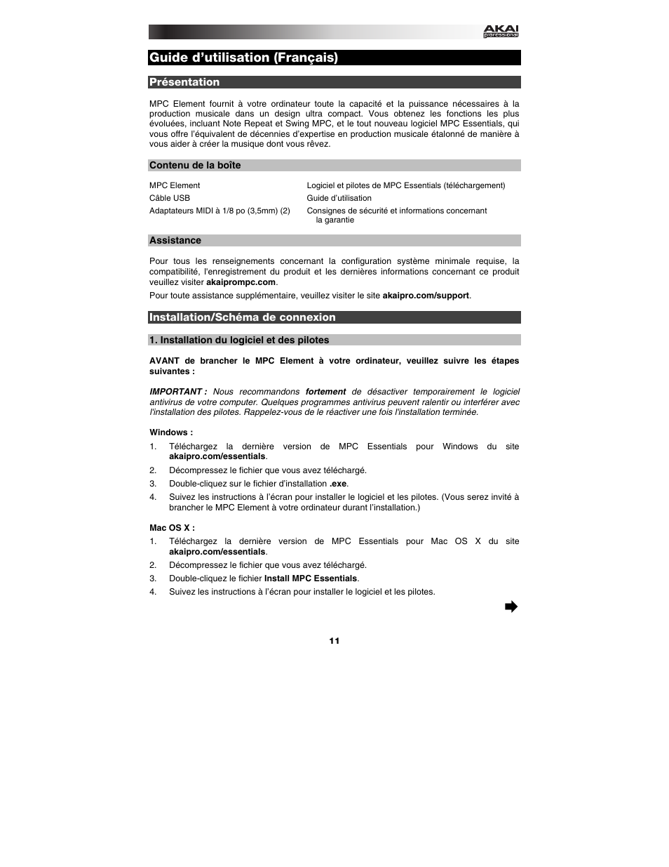 Guide d’utilisation (français), Présentation, Contenu de la boîte | Assistance, Installation/schéma de connexion, Installation du logiciel et des pilotes, Guide d'utilisation français ( 11 – 14 ) | Akai MPC Element User Manual | Page 11 / 24