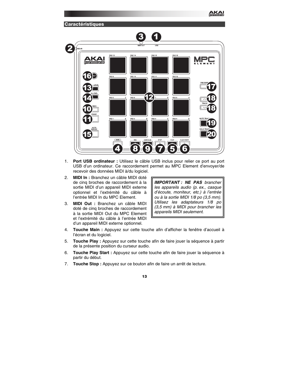 Caractéristiques | Akai MPC Element User Manual | Page 13 / 24