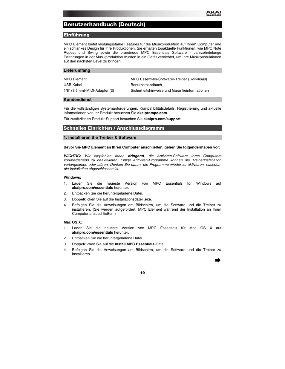 Benutzerhandbuch (deutsch), Einführung, Lieferumfang | Kundendienst, Schnelles einrichten / anschlussdiagramm, Installieren sie treiber & software, Benutzerhandbuch, Deutsch ( 19 – 22 ) | Akai MPC Element User Manual | Page 19 / 24