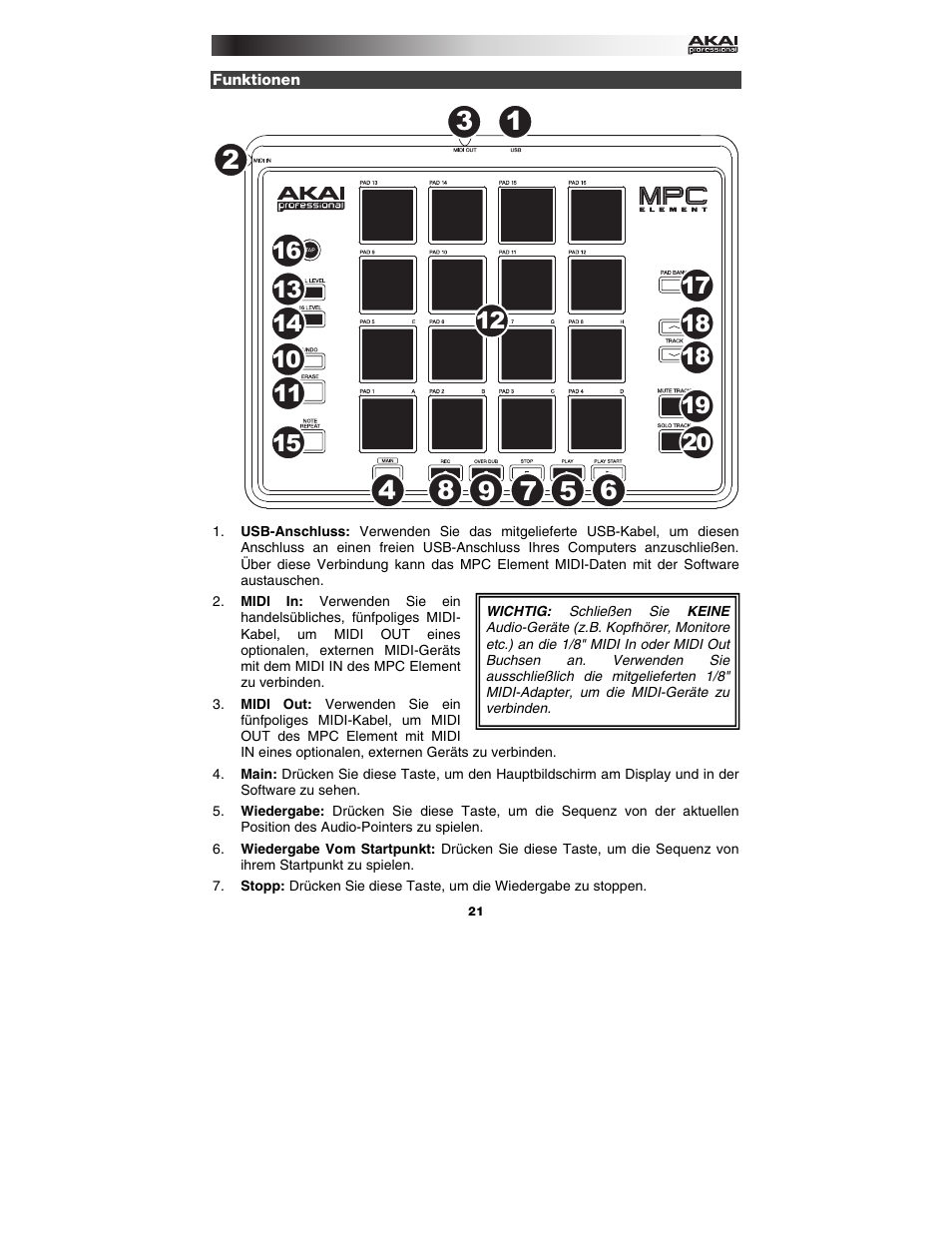 Funktionen | Akai MPC Element User Manual | Page 21 / 24