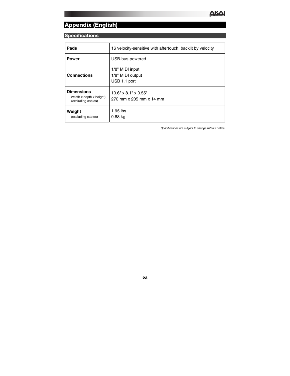 Appendix (english), Specifications, Appendix | English (23) | Akai MPC Element User Manual | Page 23 / 24