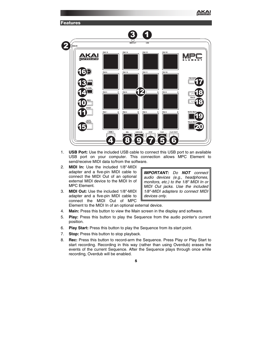 Features | Akai MPC Element User Manual | Page 5 / 24