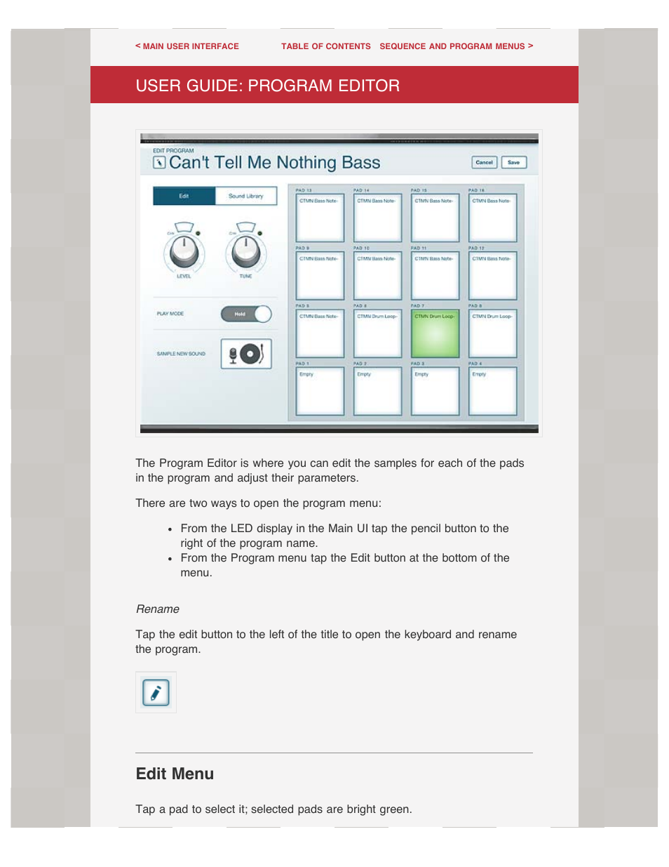 Program editor, User guide: program editor, Edit menu | Akai iMPC User Manual | Page 10 / 30