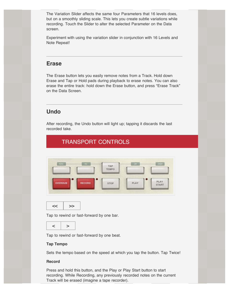 Erase, Undo, Transport controls | Akai iMPC User Manual | Page 8 / 30