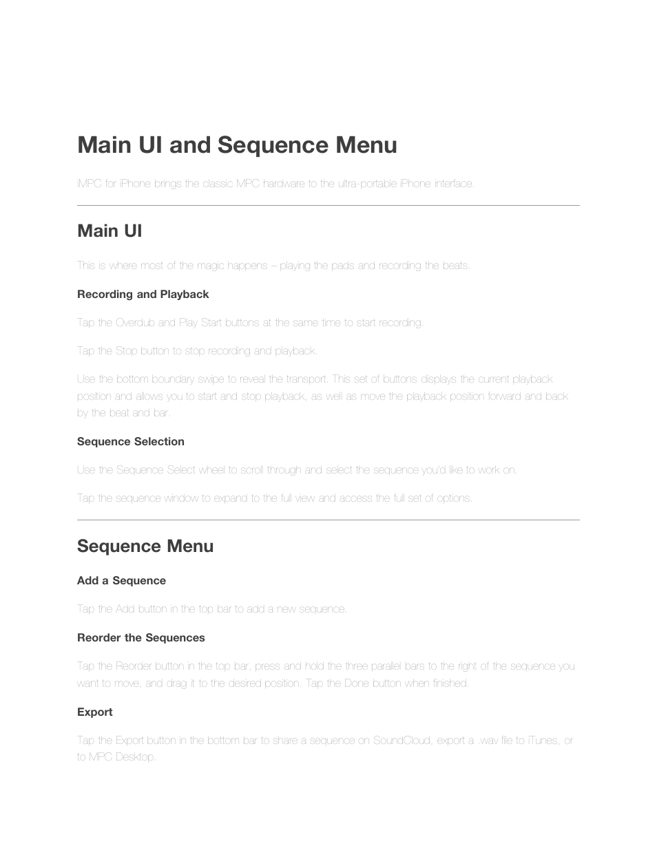 Impc user guide: sampler, Main user interface, Main ui and sequence menu | Main ui, Sequence menu | Akai iMPC for-iPhone User Manual | Page 2 / 15