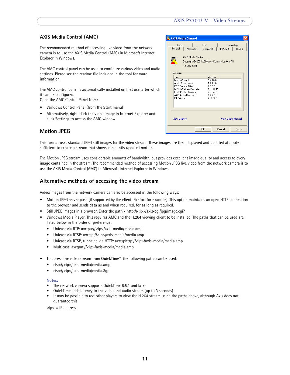 Motion jpeg, Alternative methods of accessing the video stream, Axis media control | Amc) | Axis Communications Fixed Dome Network Camera AXIS P3301-V User Manual | Page 11 / 50