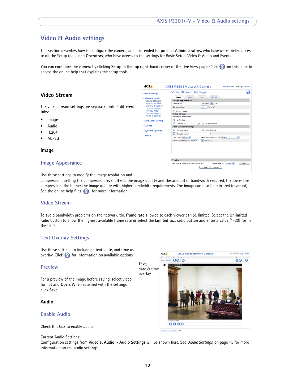 Video & audio settings, Video stream | Axis Communications Fixed Dome Network Camera AXIS P3301-V User Manual | Page 12 / 50