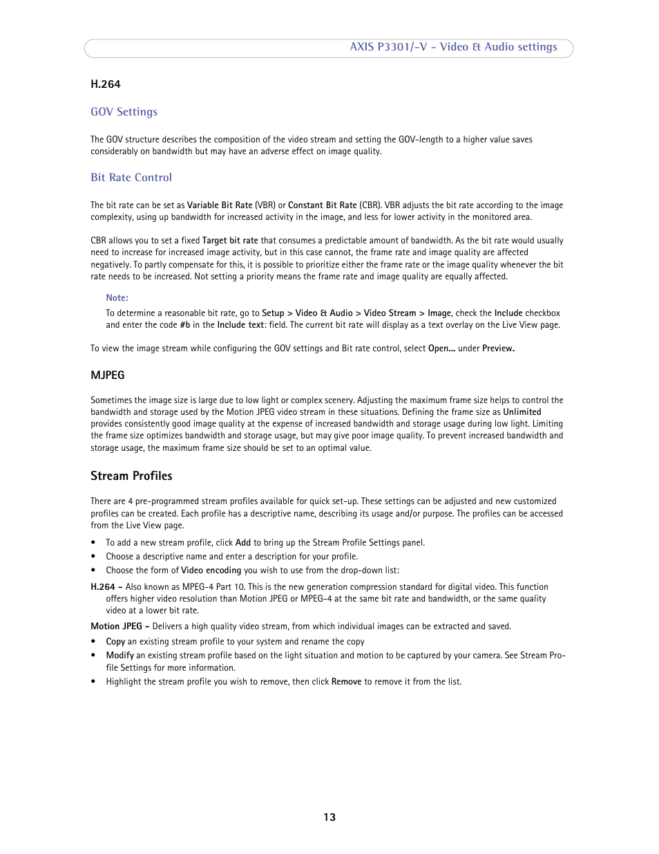 Stream profiles | Axis Communications Fixed Dome Network Camera AXIS P3301-V User Manual | Page 13 / 50