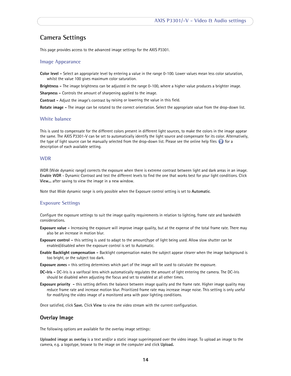 Overlay image, Camera settings | Axis Communications Fixed Dome Network Camera AXIS P3301-V User Manual | Page 14 / 50