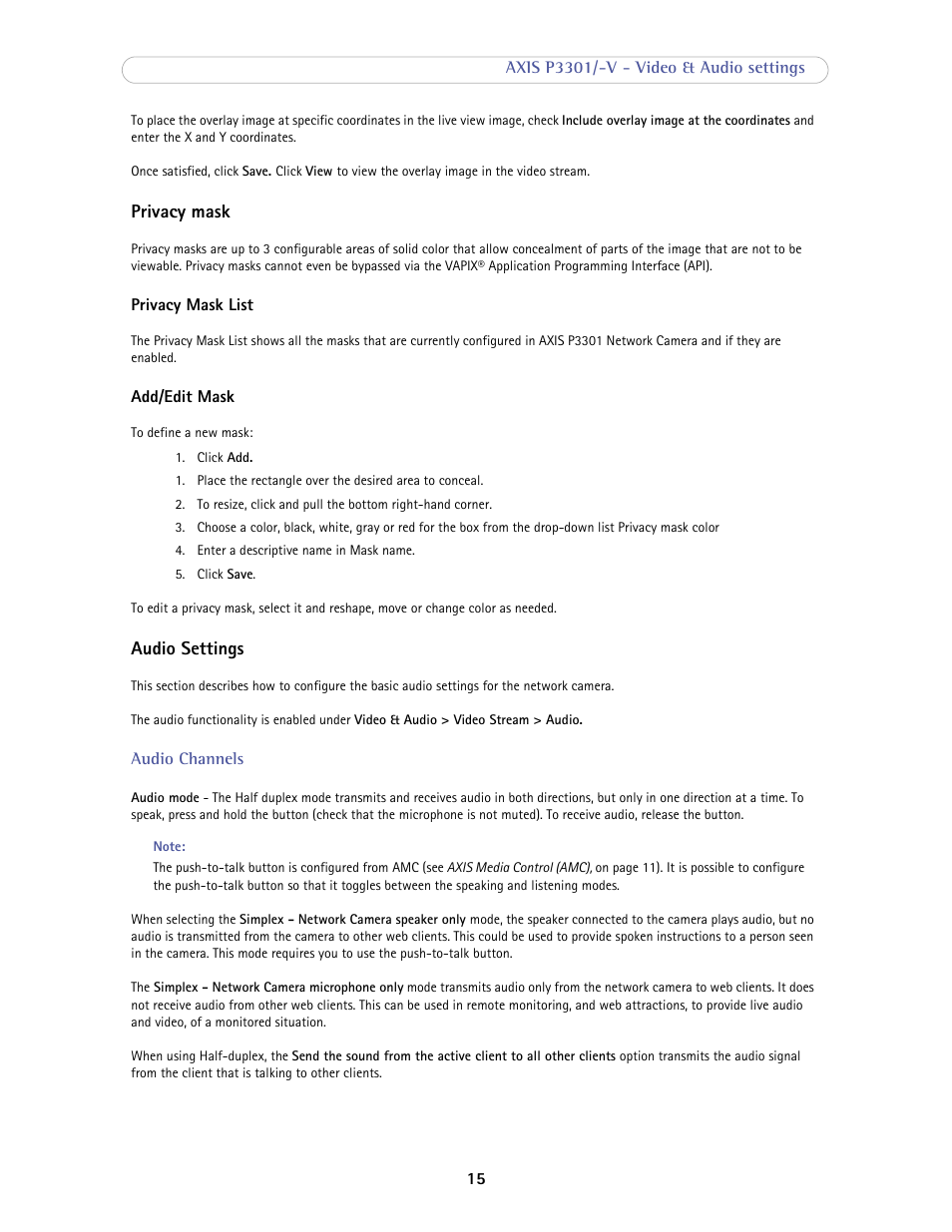 Privacy mask, Audio settings | Axis Communications Fixed Dome Network Camera AXIS P3301-V User Manual | Page 15 / 50