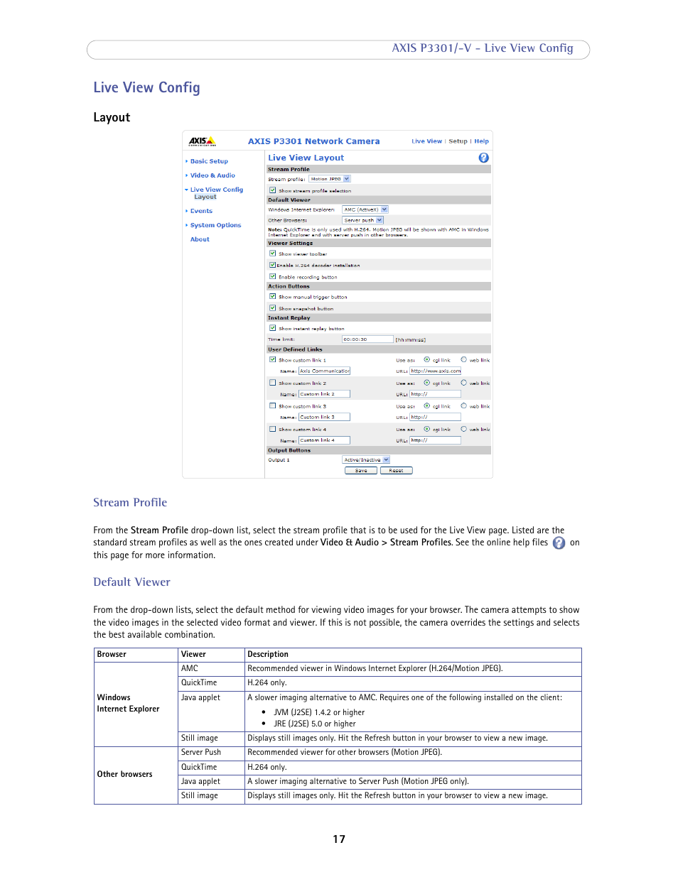 Live view config, Layout, Stream profile | Default viewer | Axis Communications Fixed Dome Network Camera AXIS P3301-V User Manual | Page 17 / 50
