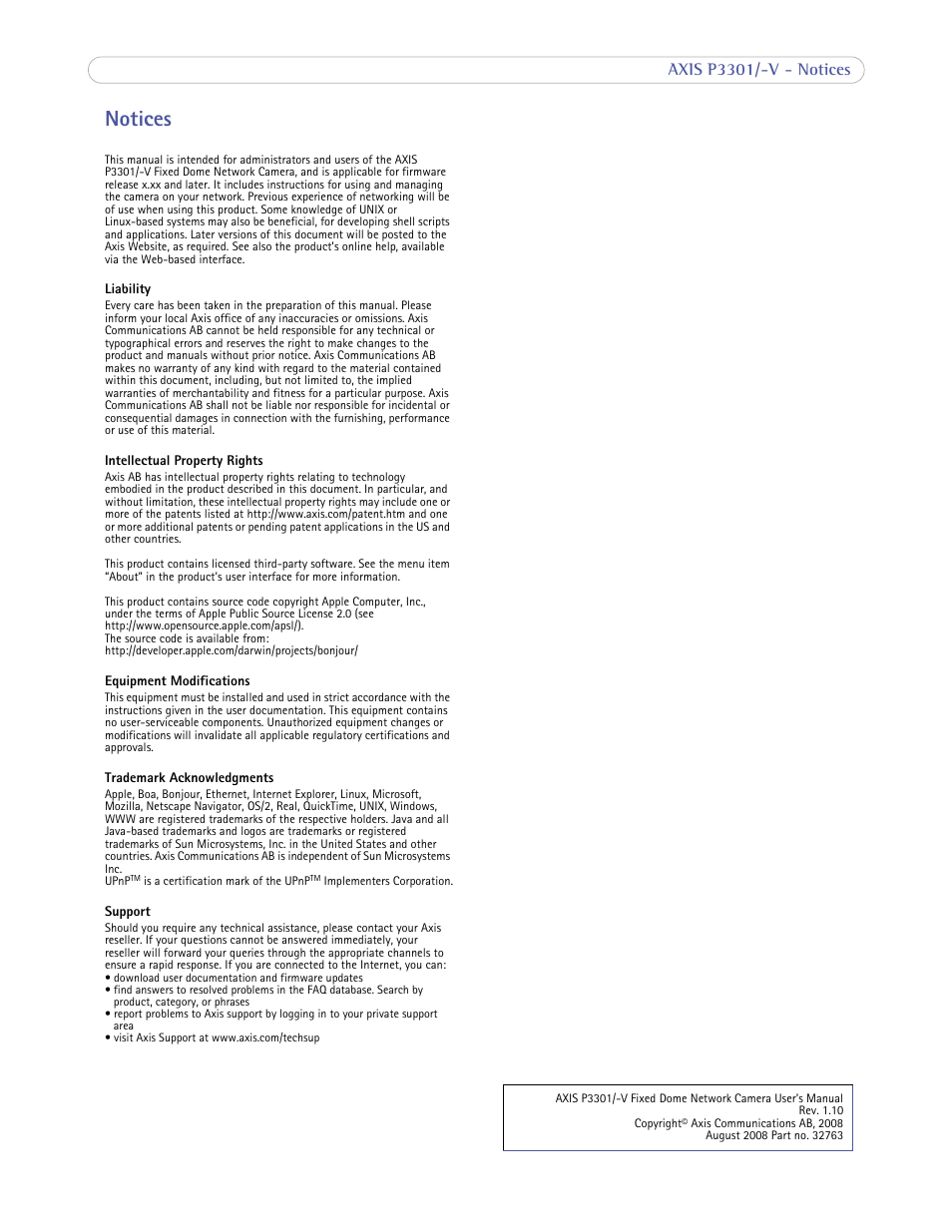 Notices, Axis p3301/-v - notices | Axis Communications Fixed Dome Network Camera AXIS P3301-V User Manual | Page 2 / 50